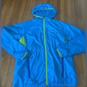 Marmot Women’s Neon Blue Turquoise Yellow Hooded Rain Windbreaker Jacket - XL